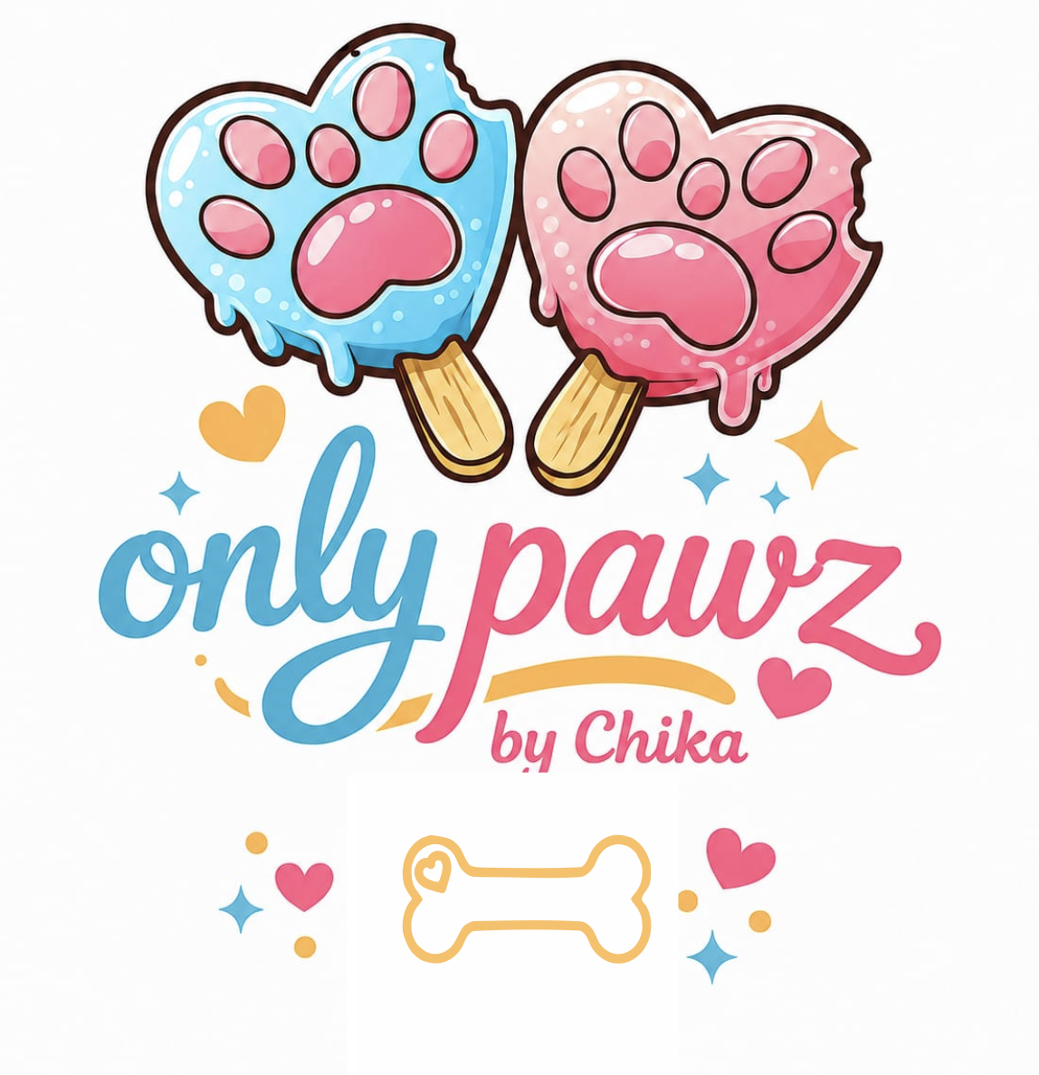 Only Pawz by Chika — two heart-shaped popsicles with paw prints in pink and blue